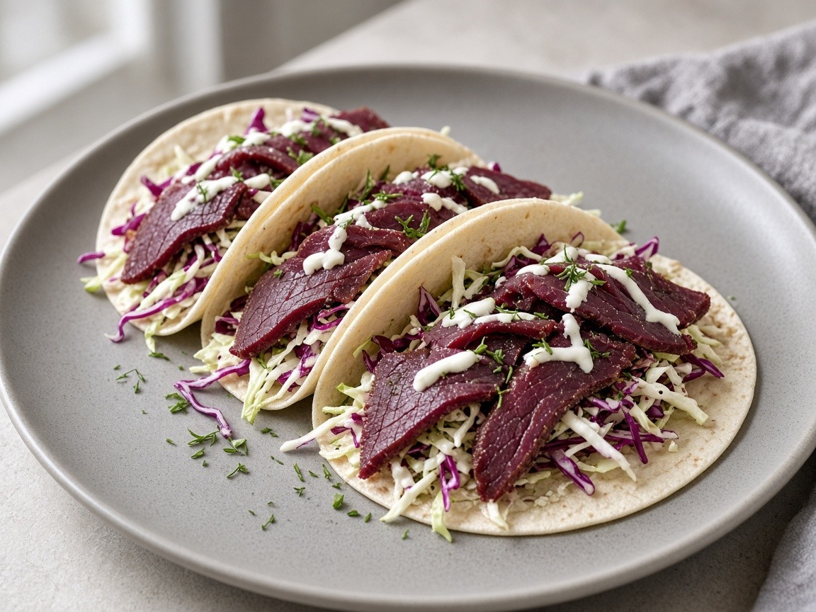 Reindeer tacos with crisp slaw and lime yogurt