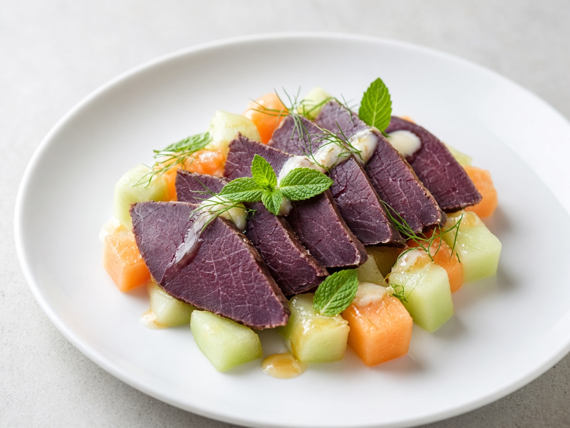 Cold-smoked reindeer with melon and honey yogurt