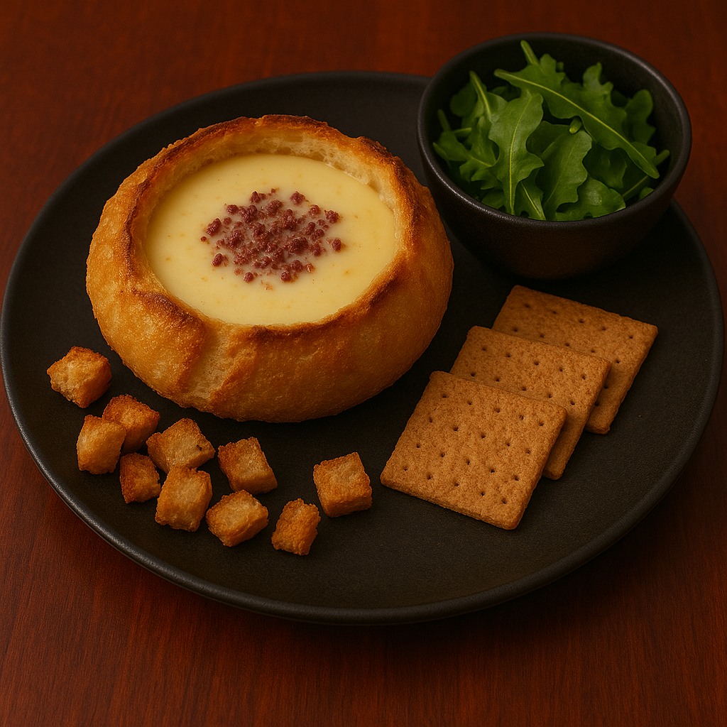 Cheese fondue in a bread bowl with cold-smoked reindeer