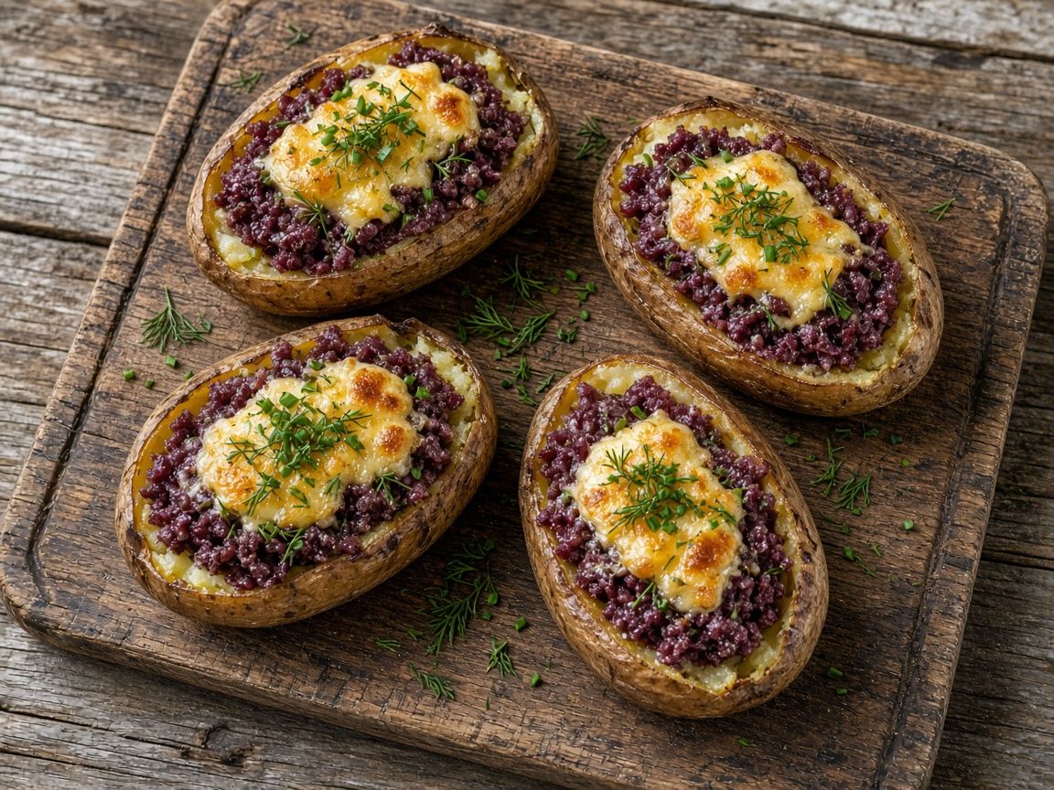 Baked potatoes stuffed with cold-smoked reindeer