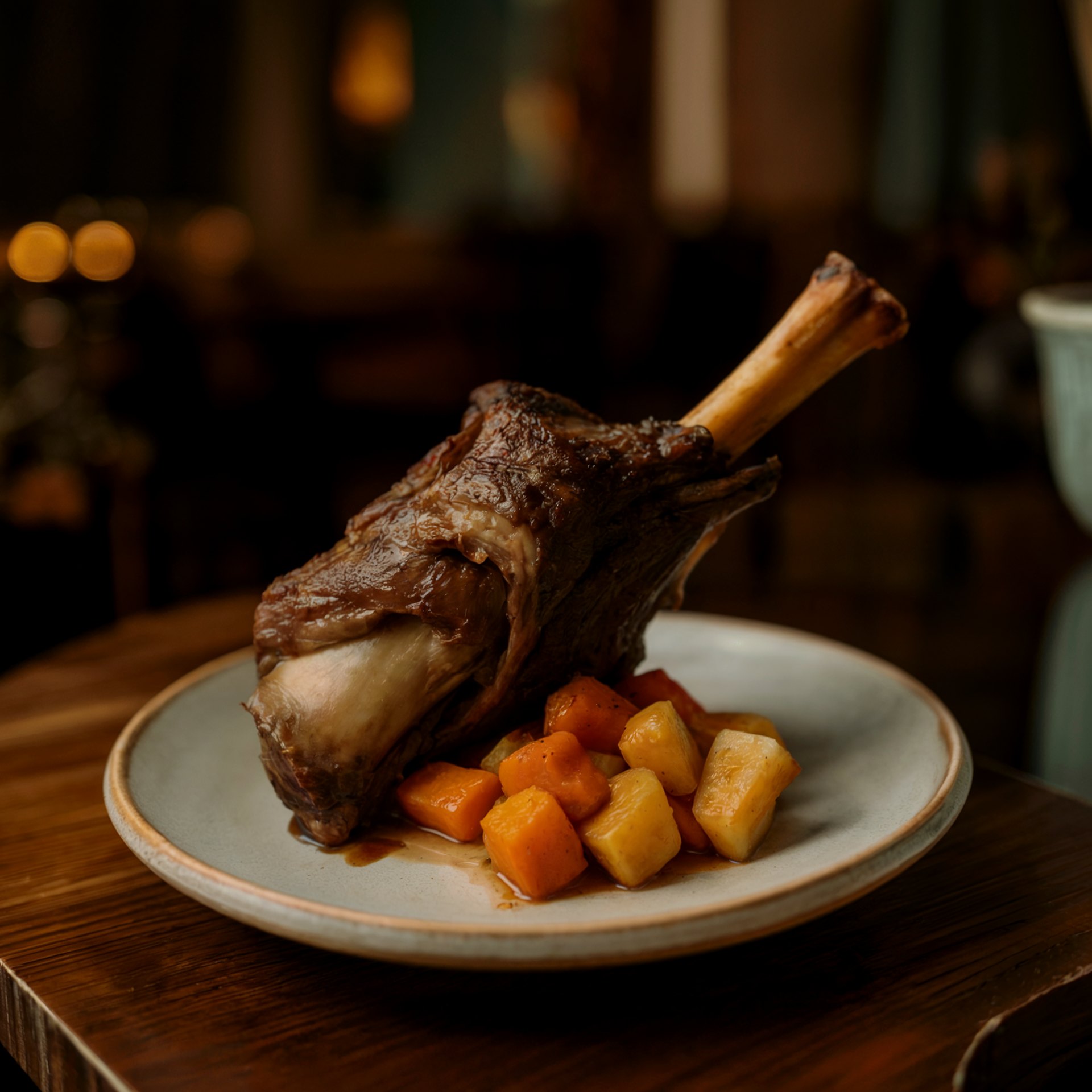 Braised reindeer shank with root vegetables