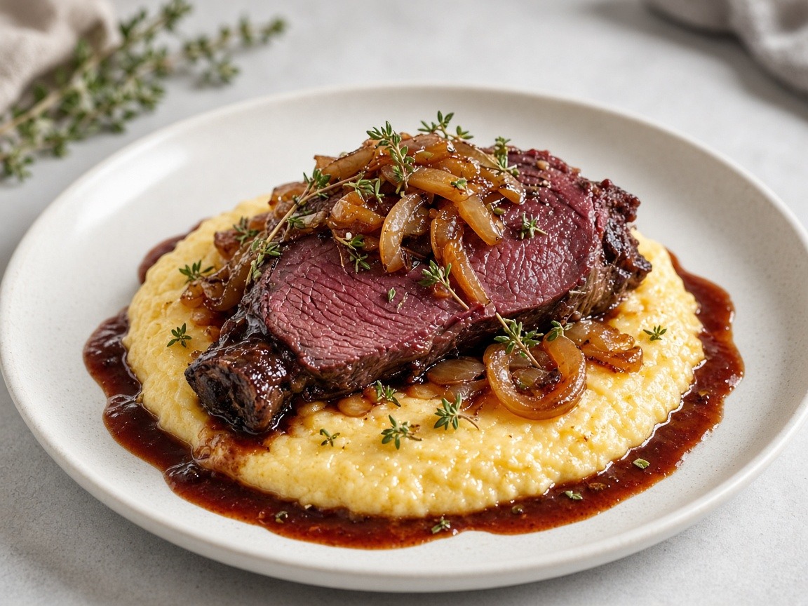 Reindeer shanks in red wine with creamy polenta