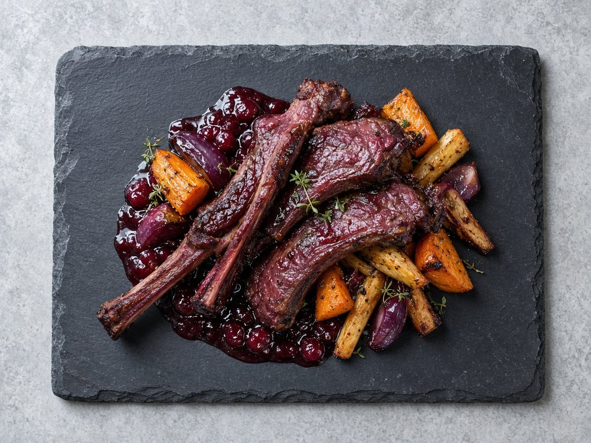 Slow-roasted reindeer ribs with cranberry glaze