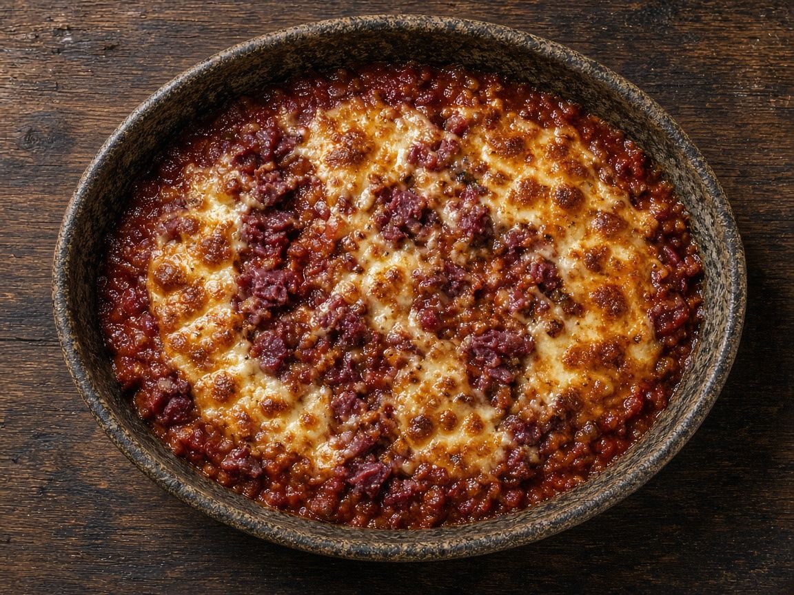 Reindeer bolognese baked under mozzarella