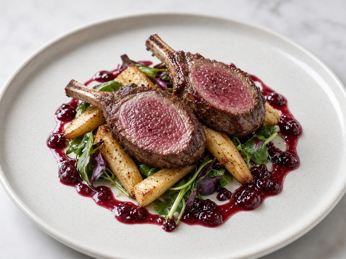 Seared reindeer chops with cranberry cream