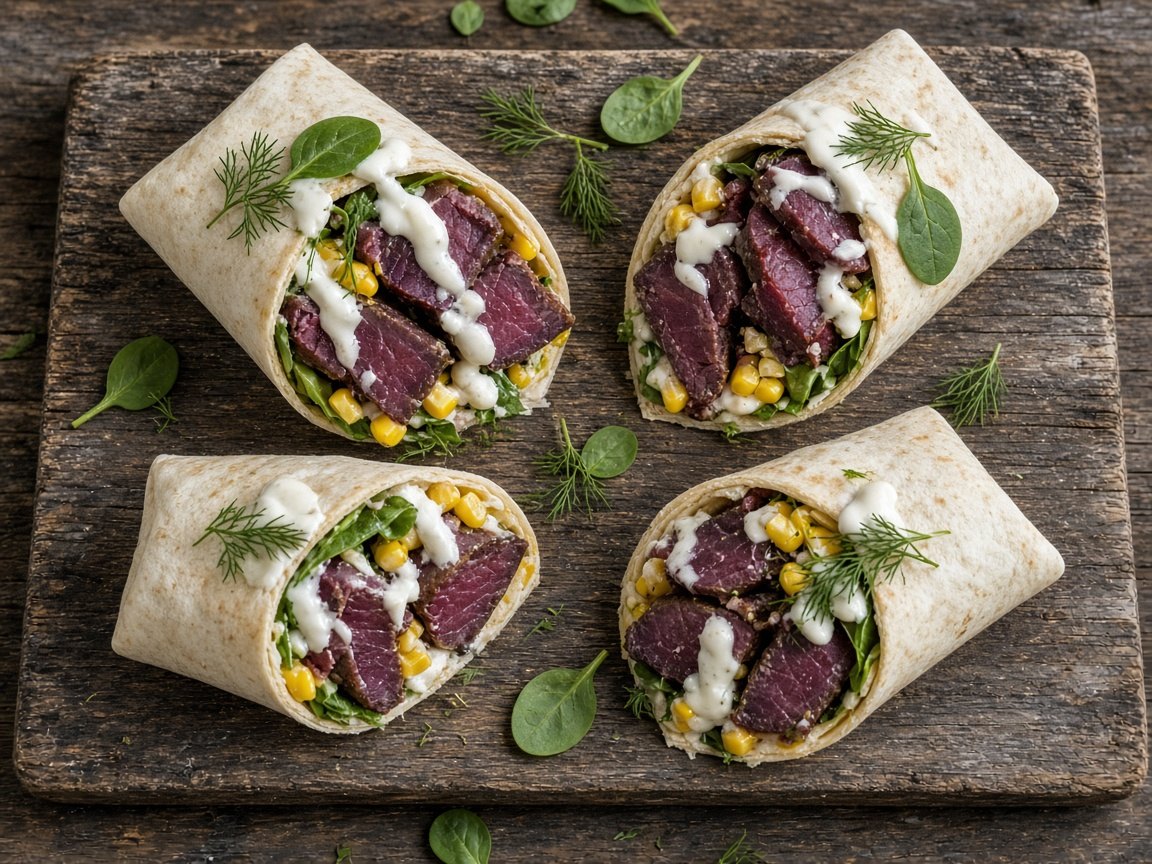 Reindeer and sweetcorn rice wraps with lemon dill cream