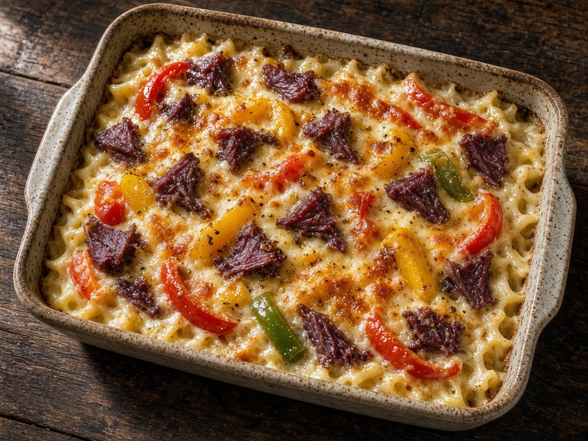 Creamy pasta bake with cold-smoked reindeer