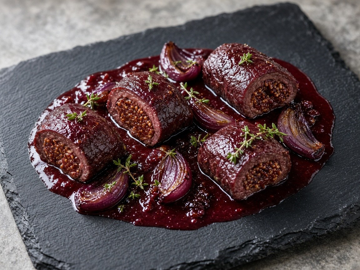 Reindeer rolls with figs braised in red wine