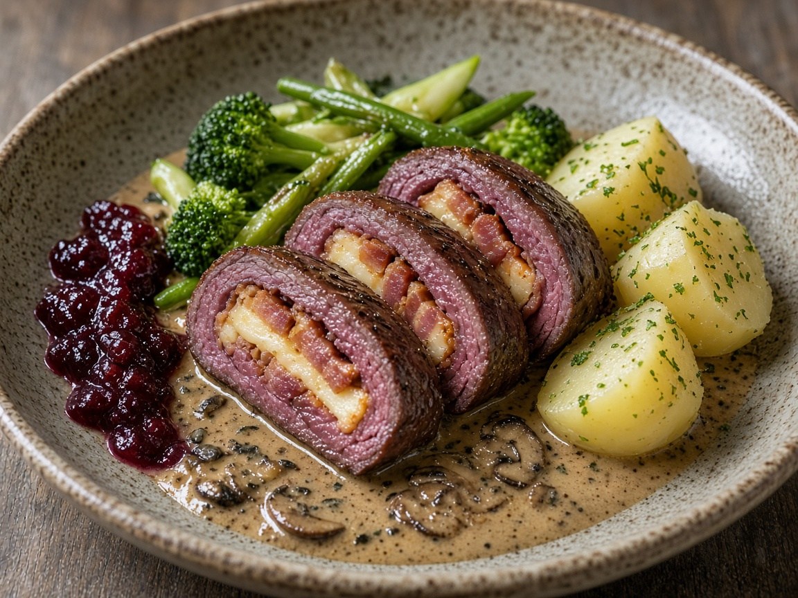 Reindeer and halloumi rolls in mushroom cream