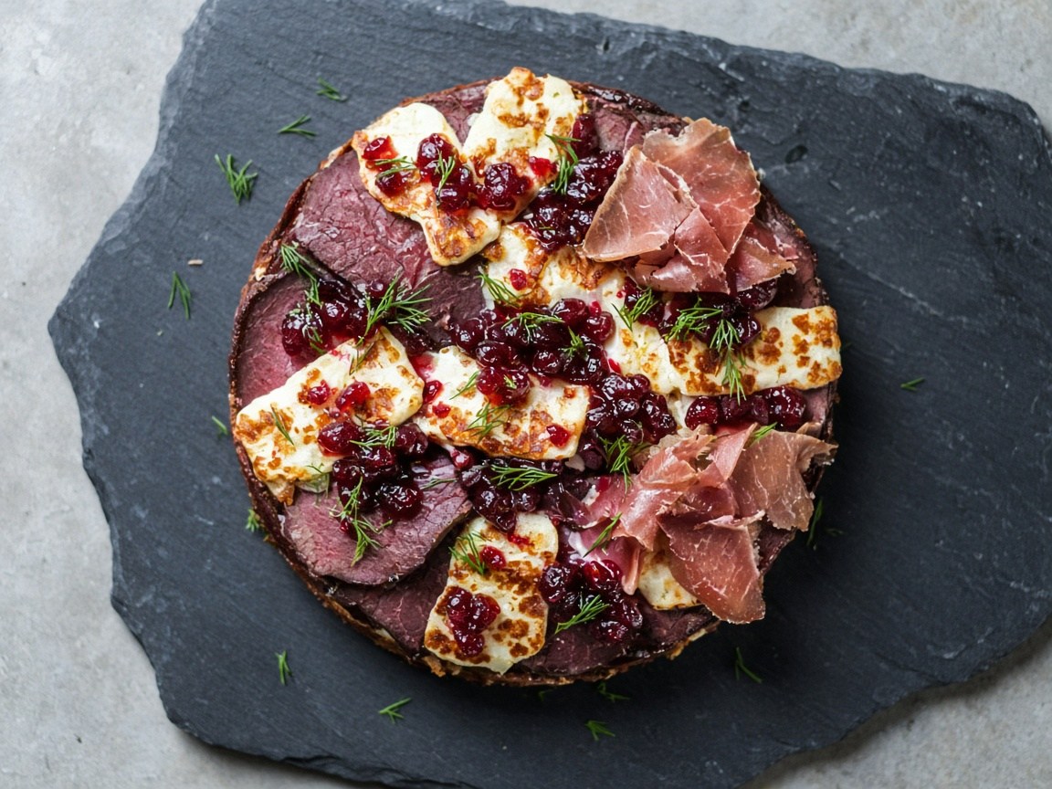 Chilled reindeer and halloumi tart with cranberry top