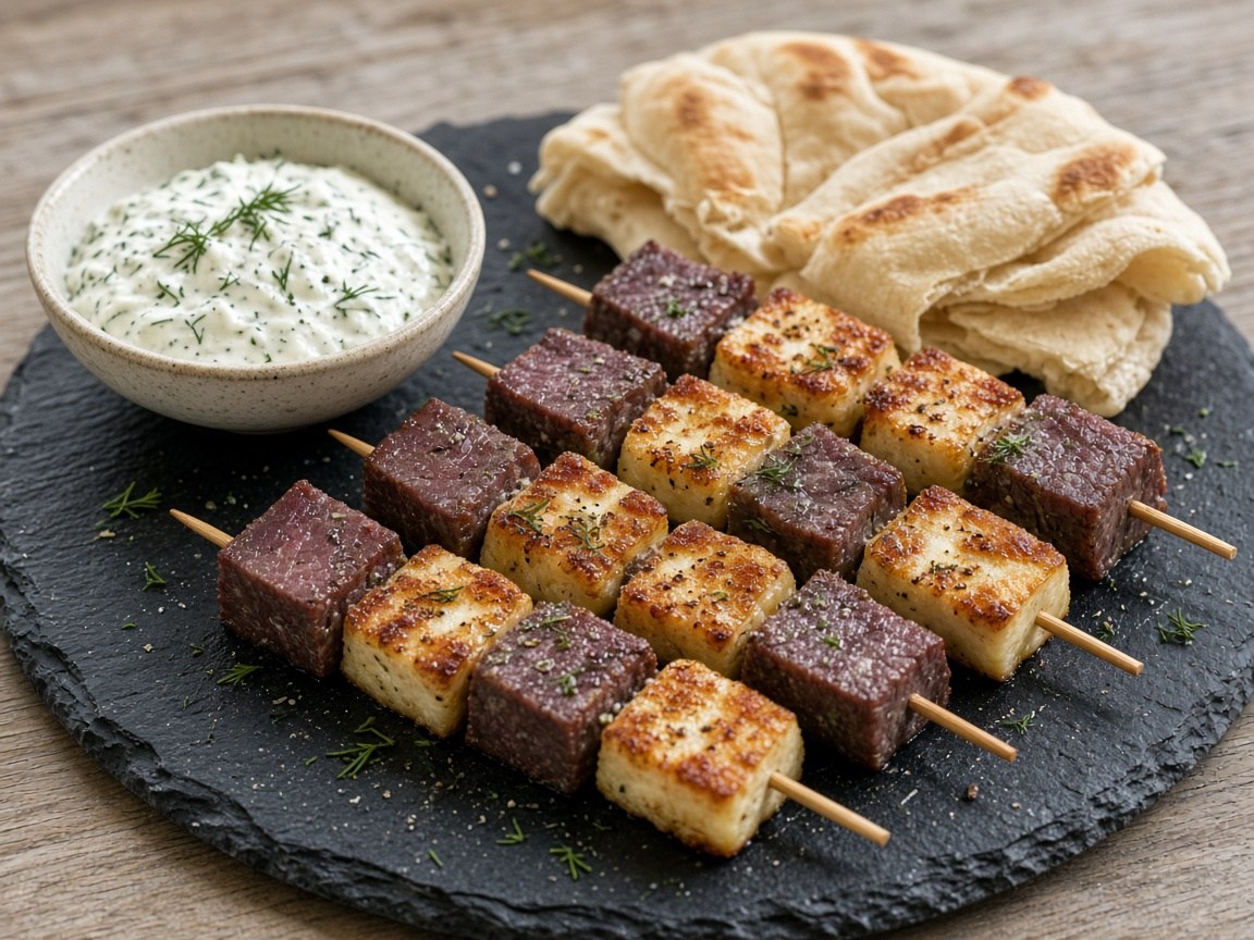 Reindeer and halloumi skewers with dill yogurt