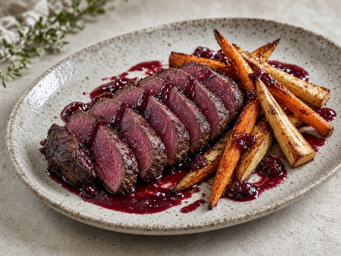 Slow-roasted reindeer topside on root vegetables