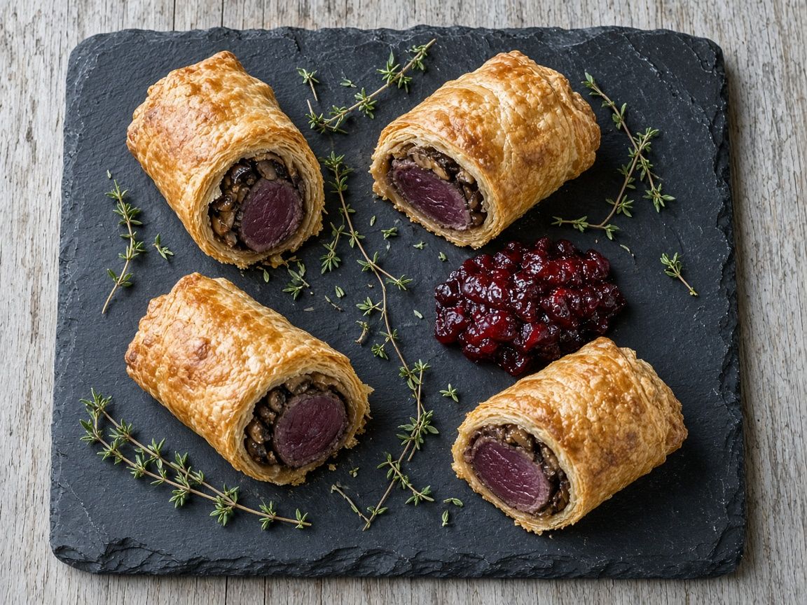 Reindeer and mushroom puff pastry rolls