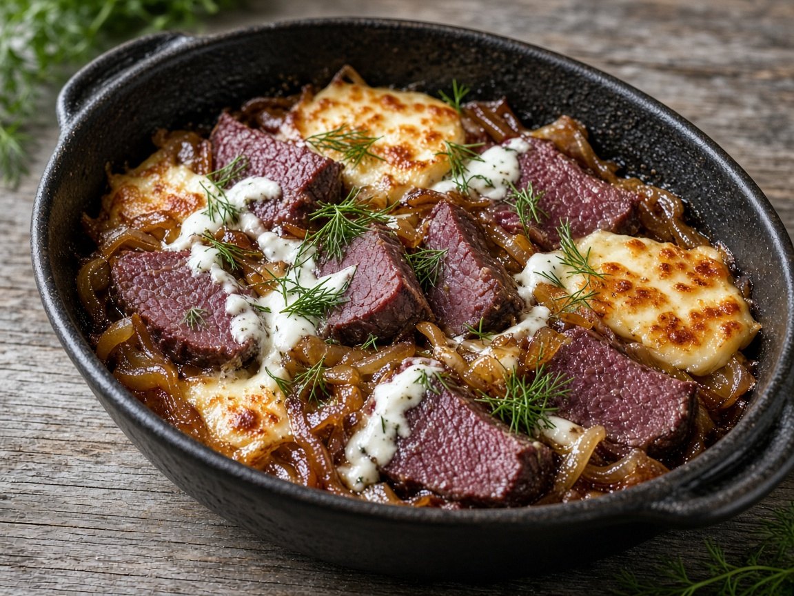 Reindeer and caramelised onion bake with halloumi
