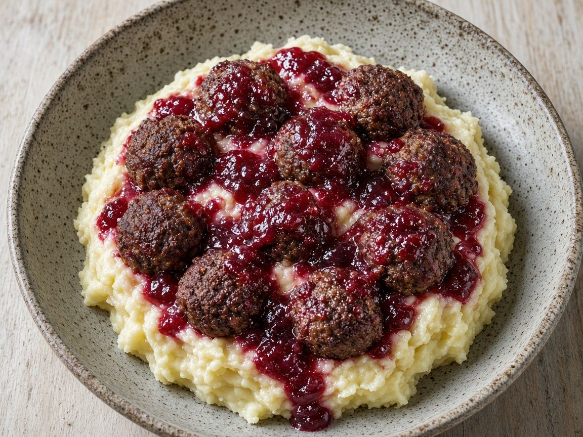 Reindeer and pork meatballs in cranberry cream
