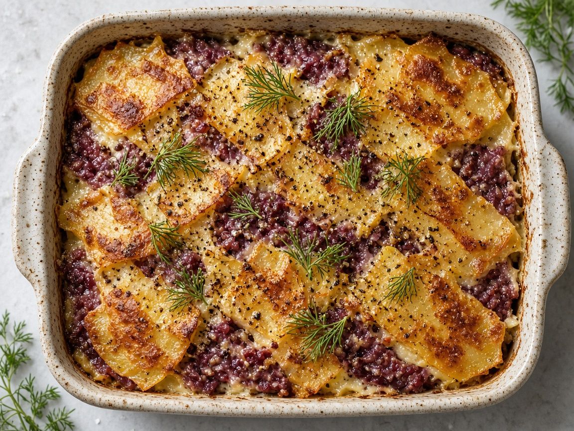 Reindeer and potato bake with dill cream