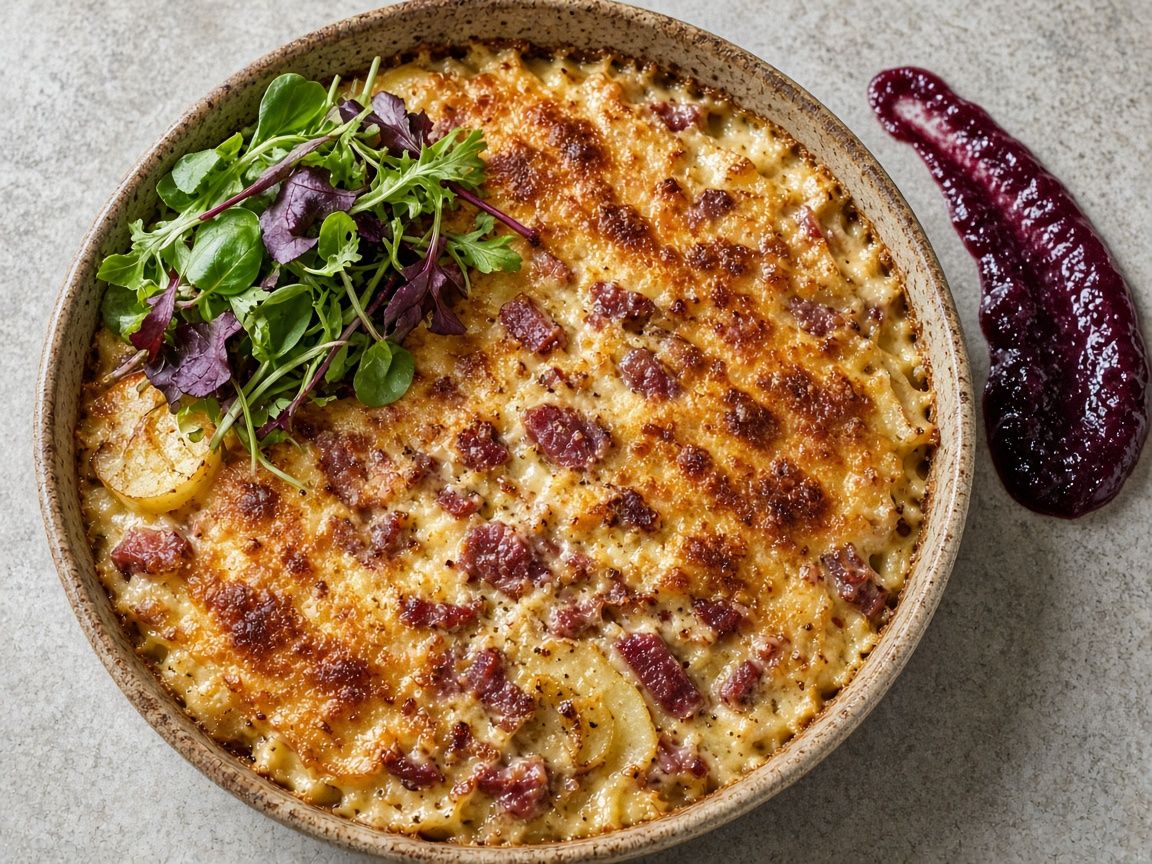 Reindeer and potato bake with caramelised onion cream