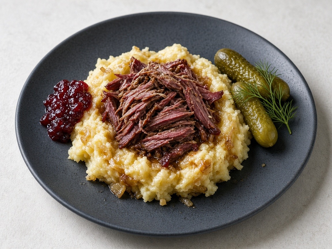 Braised reindeer with creamy potato mash