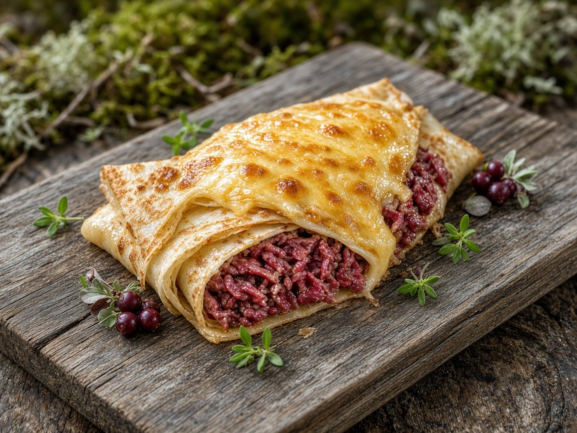 Potato crepes filled with reindeer and baked under halloumi