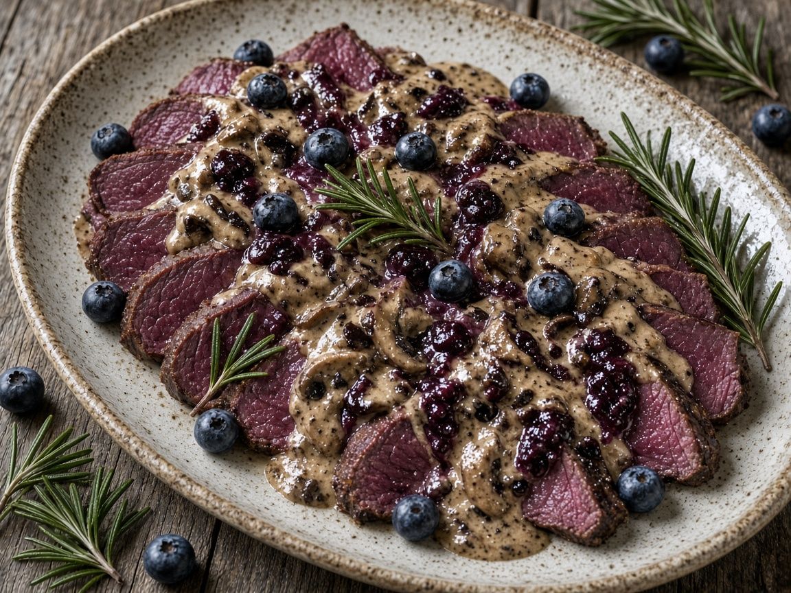 Reindeer roast with creamy mushroom gravy