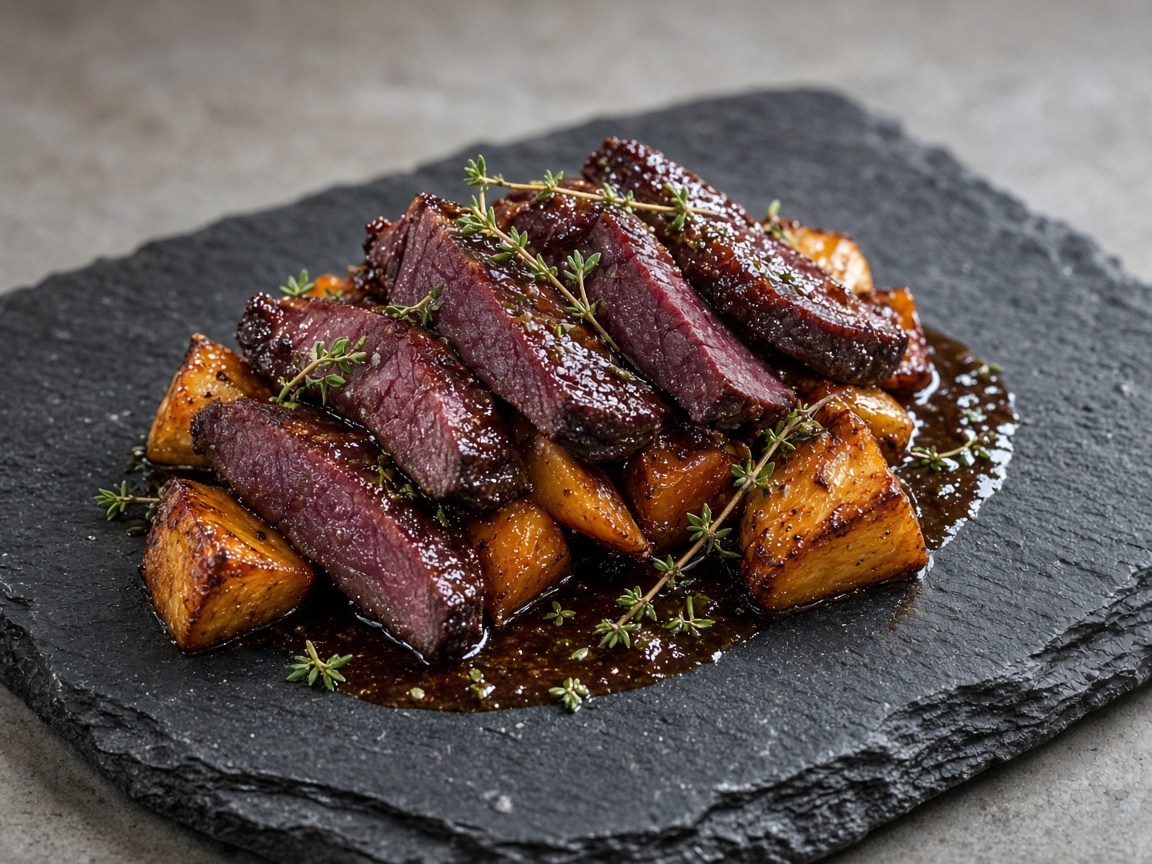Reindeer braised with root vegetables and a smoky glaze