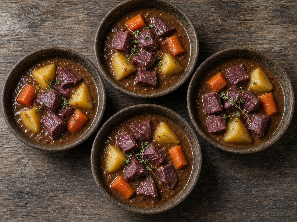 Reindeer and root vegetable pot with white wine gravy