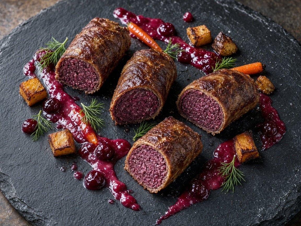 Reindeer and pork rolls in cranberry cream