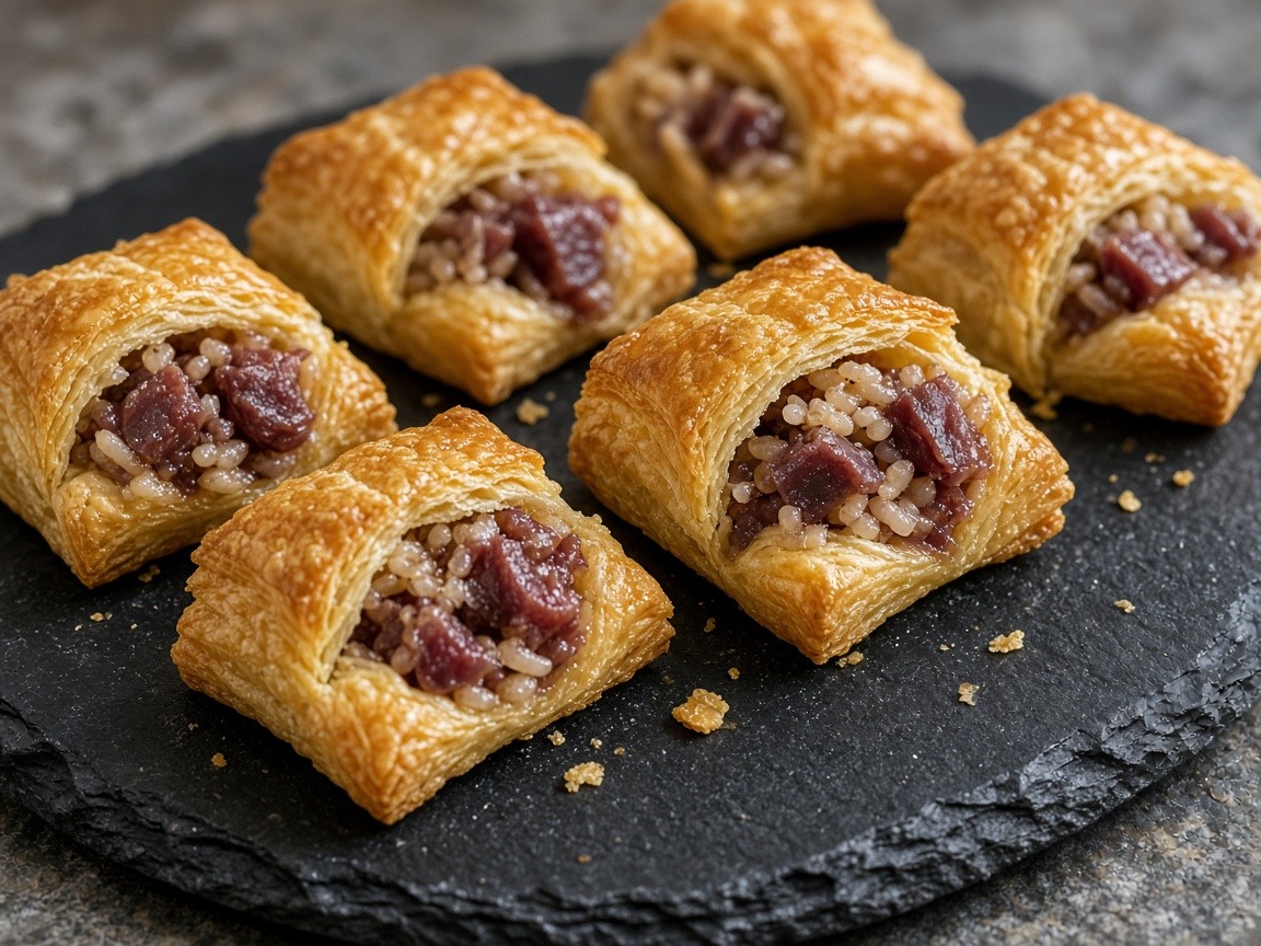 Reindeer and rice puff pastry bites