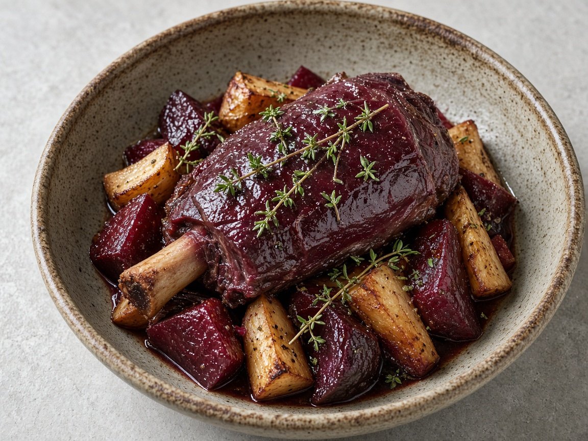 Reindeer shank braised with parsnip and beetroot