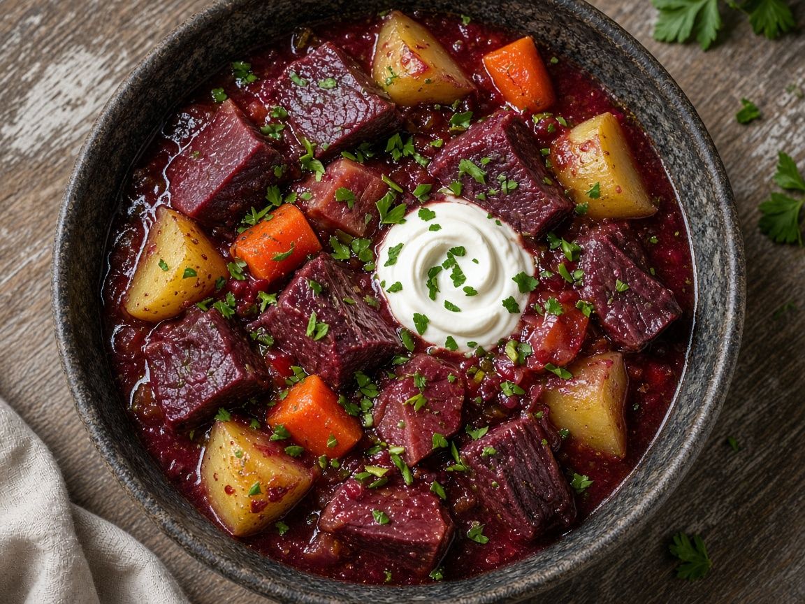 Reindeer shank stew with potatoes and carrots