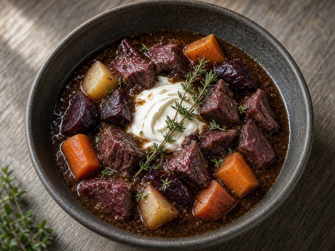 Reindeer shank stew with red wine and dark beer