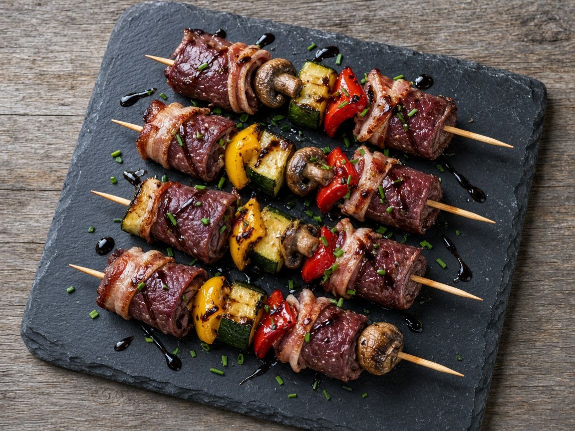Reindeer tenderloin skewers with grilled summer vegetables