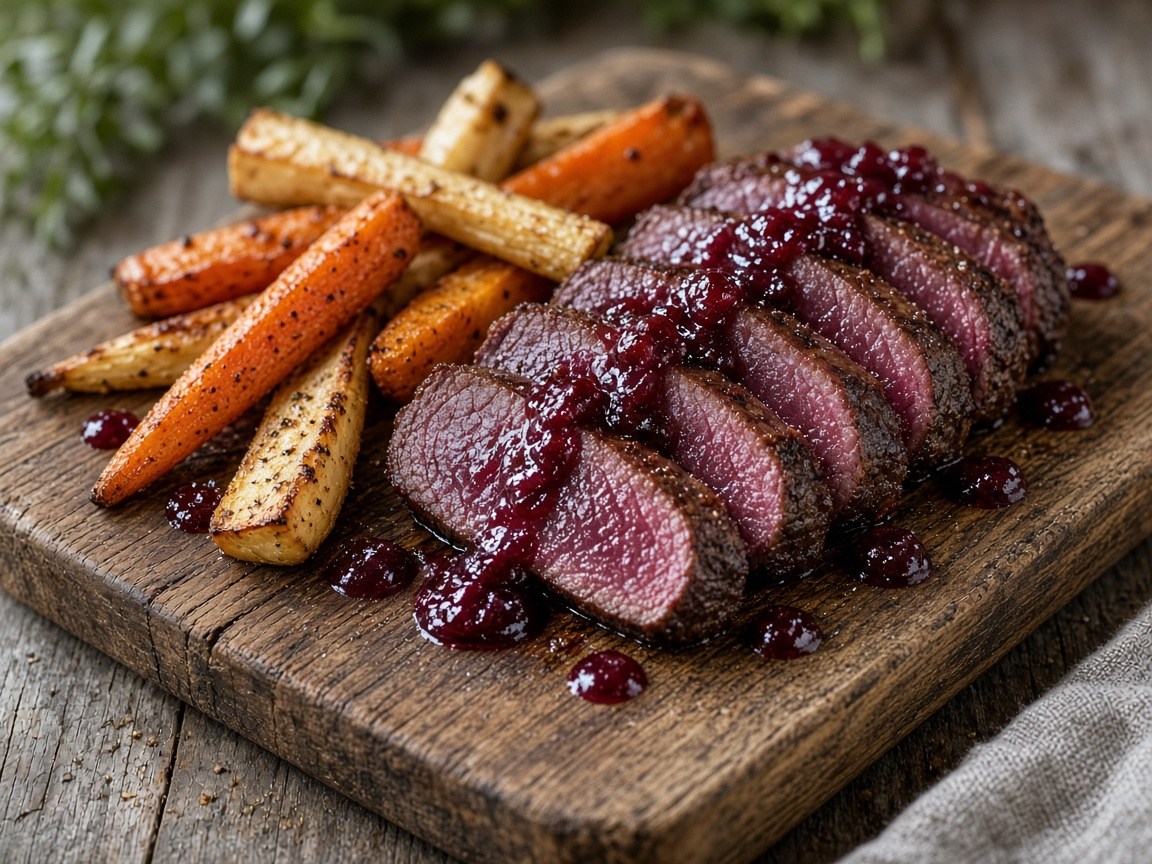 Reindeer striploin with cranberry balsamic reduction