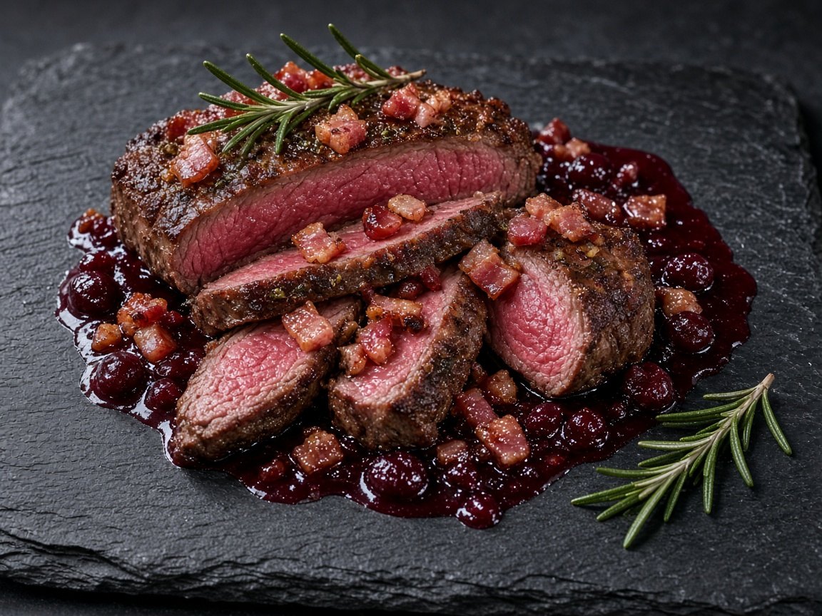 Butter-basted reindeer striploin with cranberry glaze