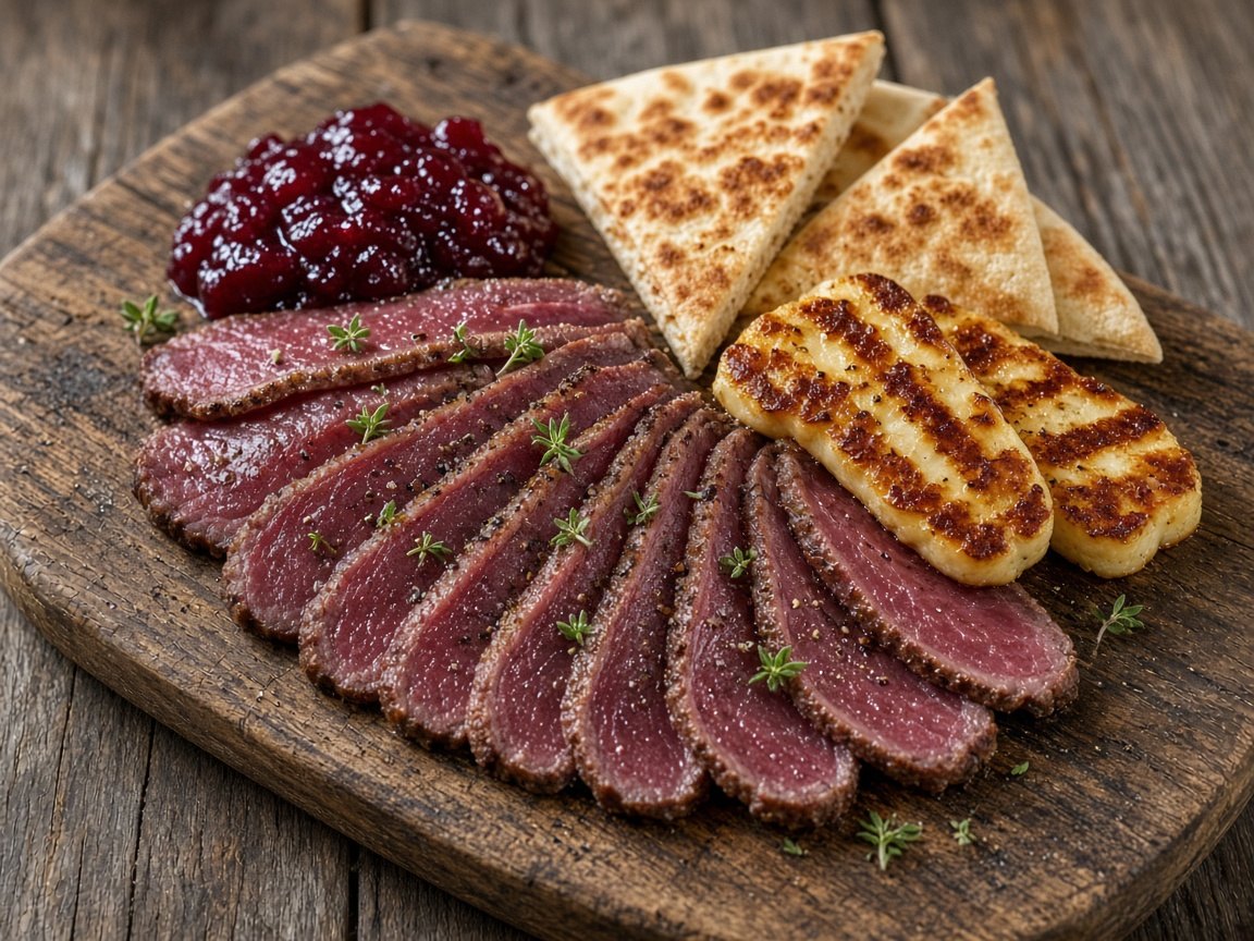 Herb-crusted reindeer striploin with halloumi and pita