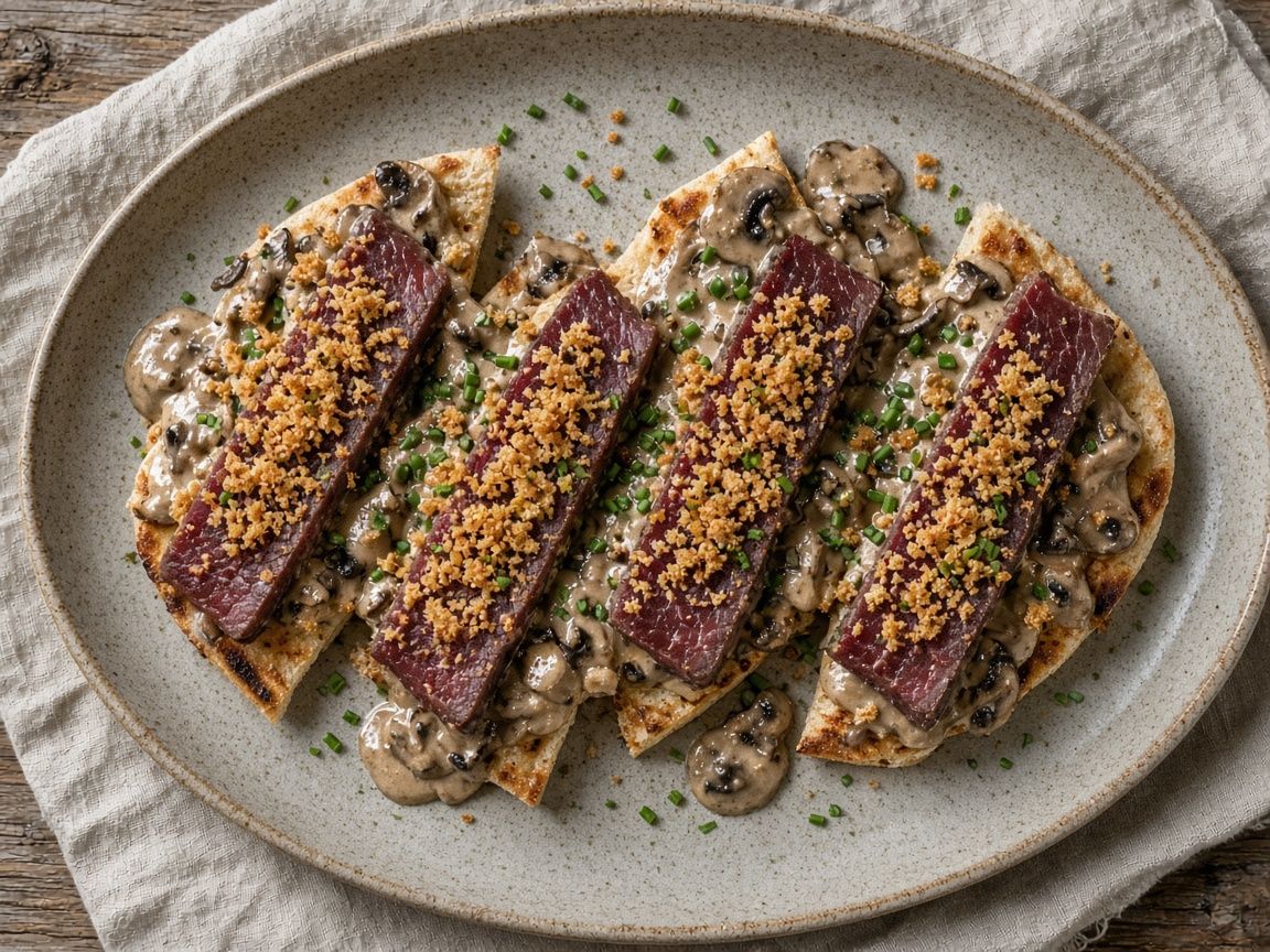 Crispy reindeer striploin melts with mushroom sauce