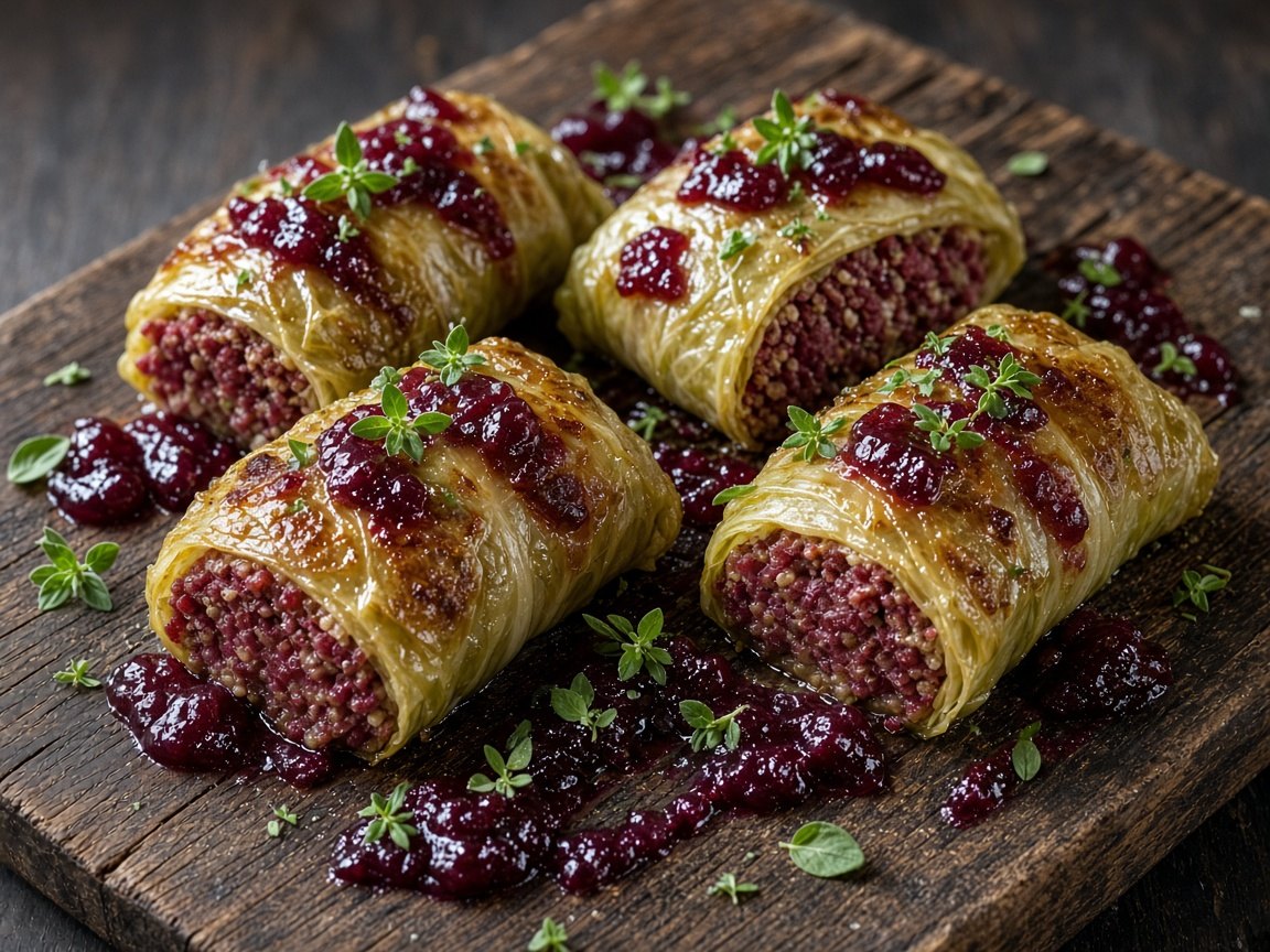 Cabbage rolls stuffed with reindeer and barley