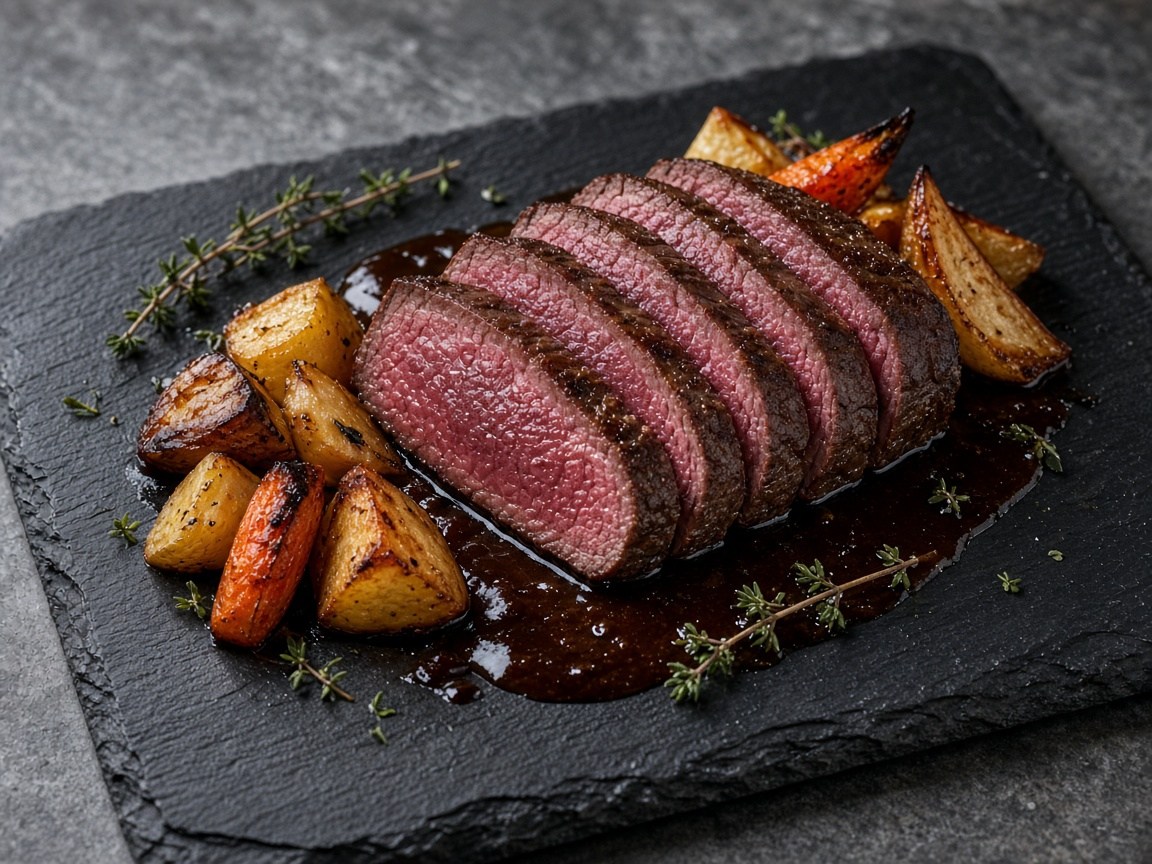 Reindeer topside roast with herb jus