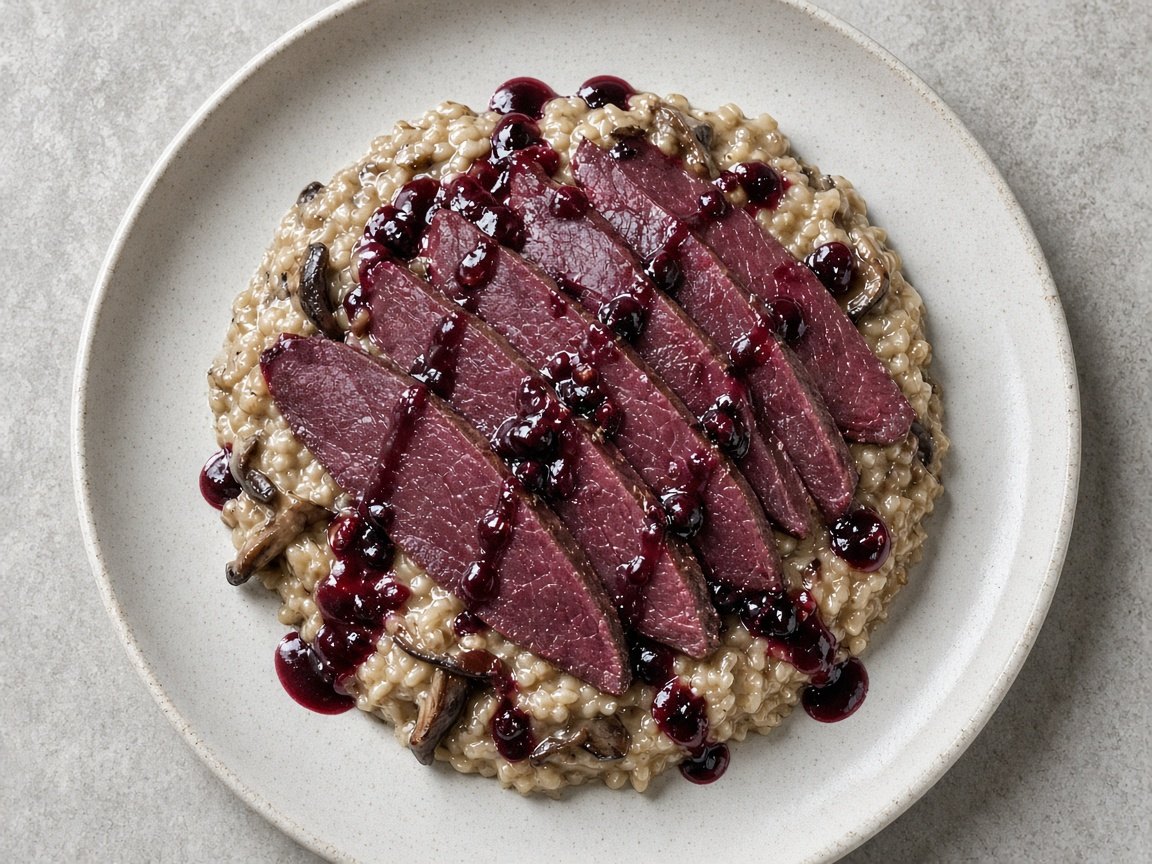 Seared reindeer topside with wild mushroom risotto