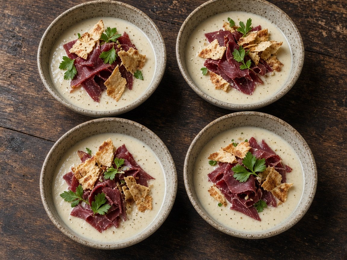 Smoked cheese soup with reindeer