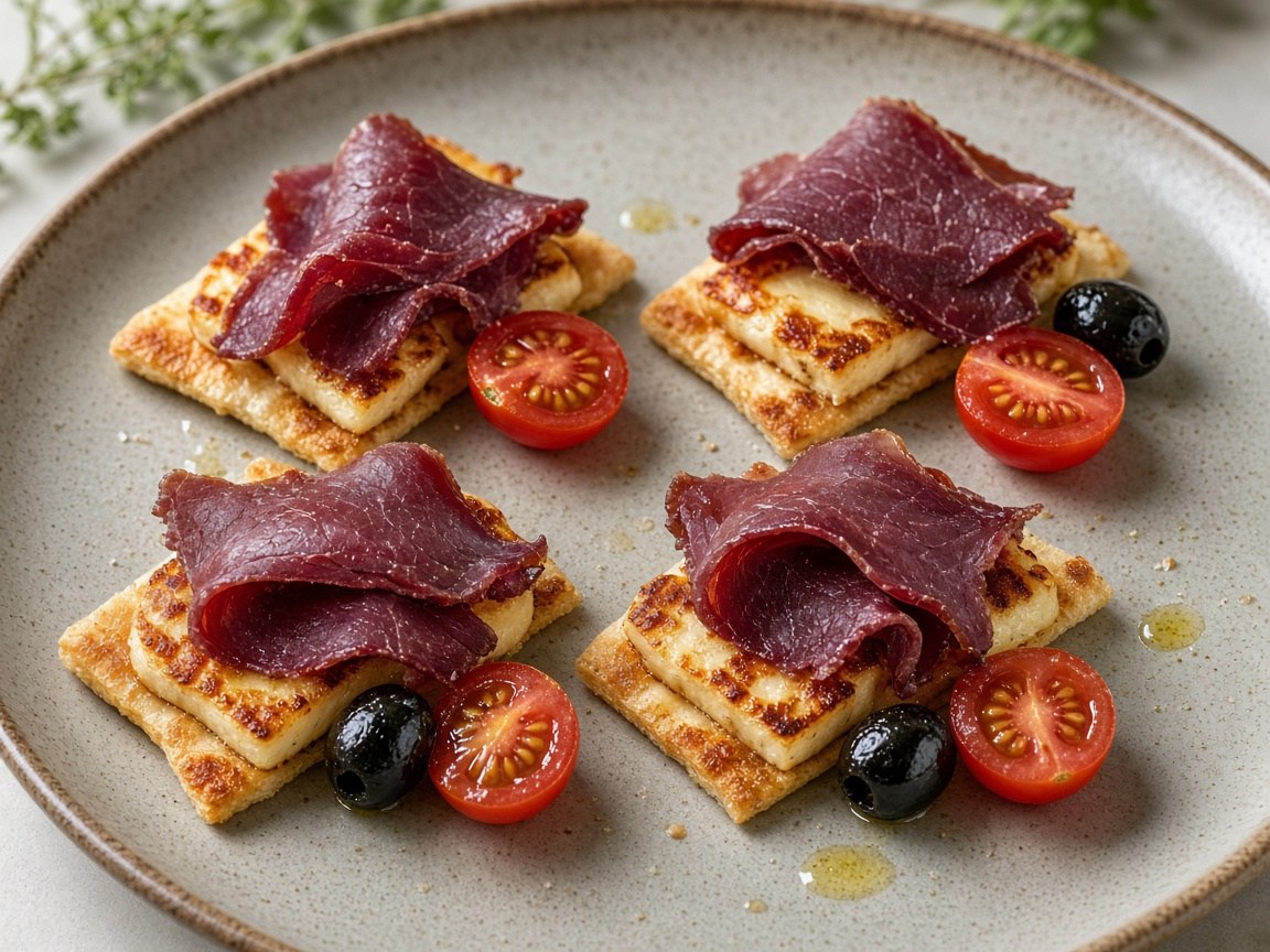 Cold-smoked reindeer bites on crisp flatbread