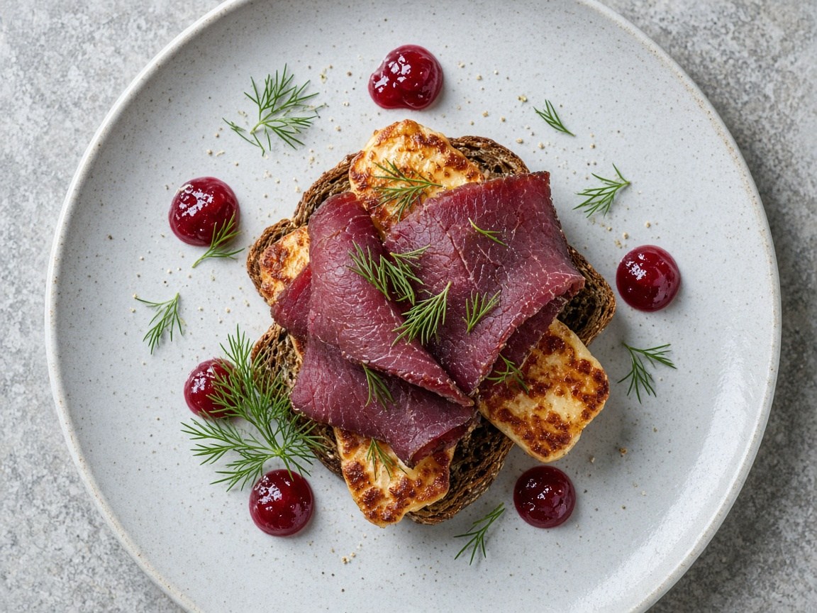 Layered cold-smoked reindeer and halloumi loaf