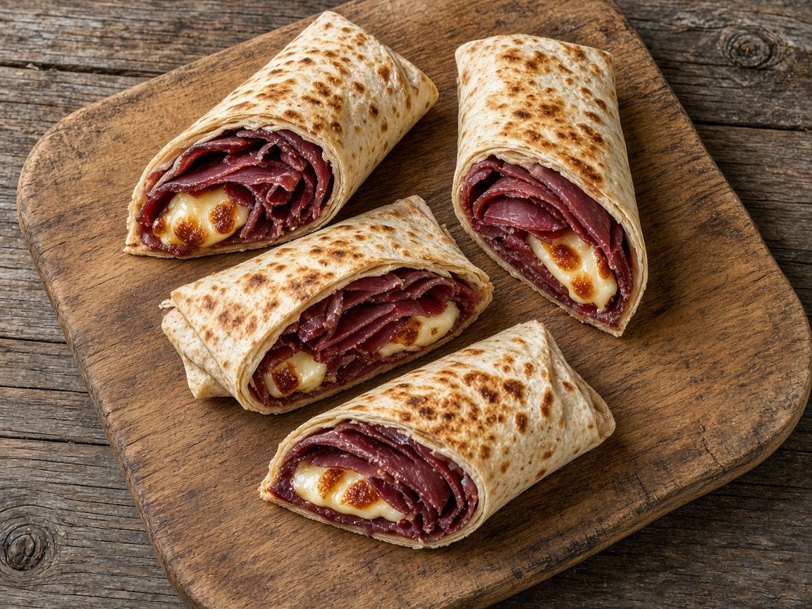Cold-smoked reindeer and halloumi flatbread rolls
