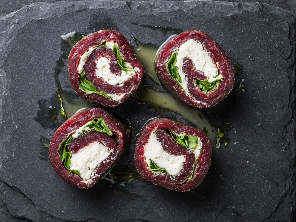 Cold-smoked reindeer and halloumi pinwheels
