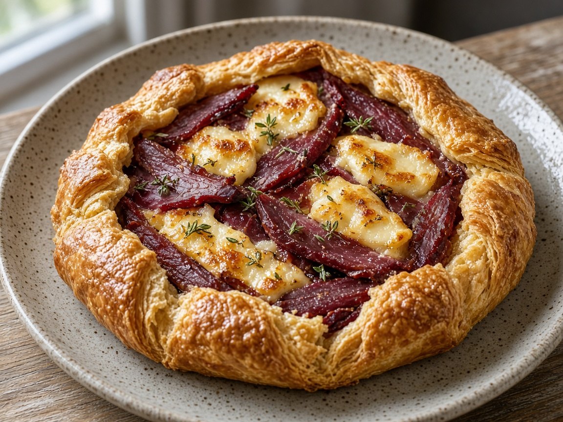 Reindeer, mushroom and halloumi tart