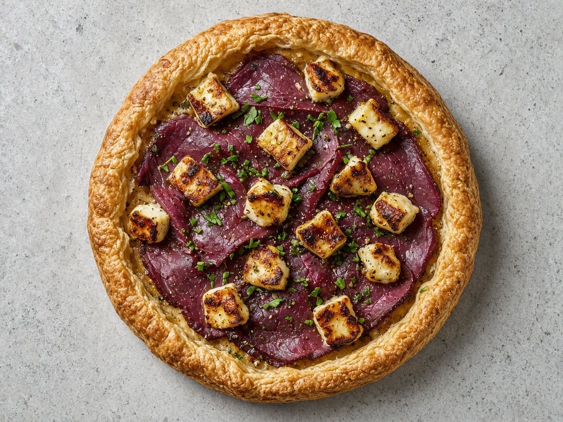 Cold-smoked reindeer and halloumi tart