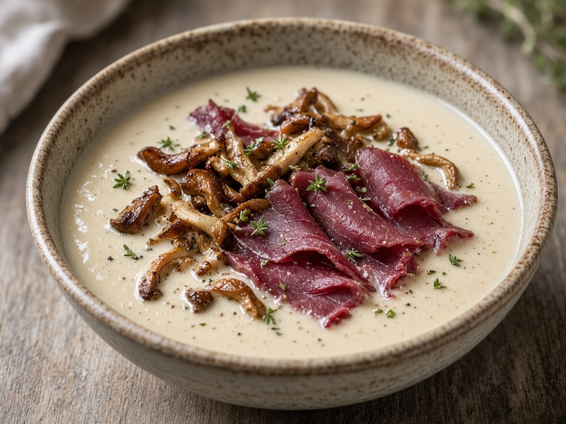 Wild mushroom cream soup with cold-smoked reindeer