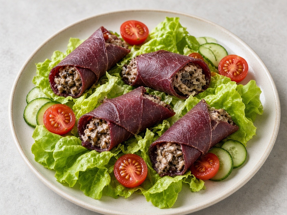 Cold-smoked reindeer rolls with creamy mushrooms