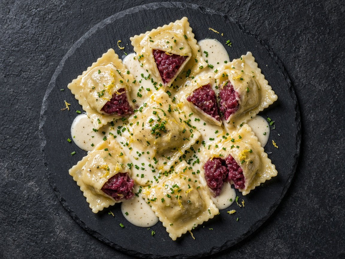 Reindeer ravioli in a creamy herb sauce