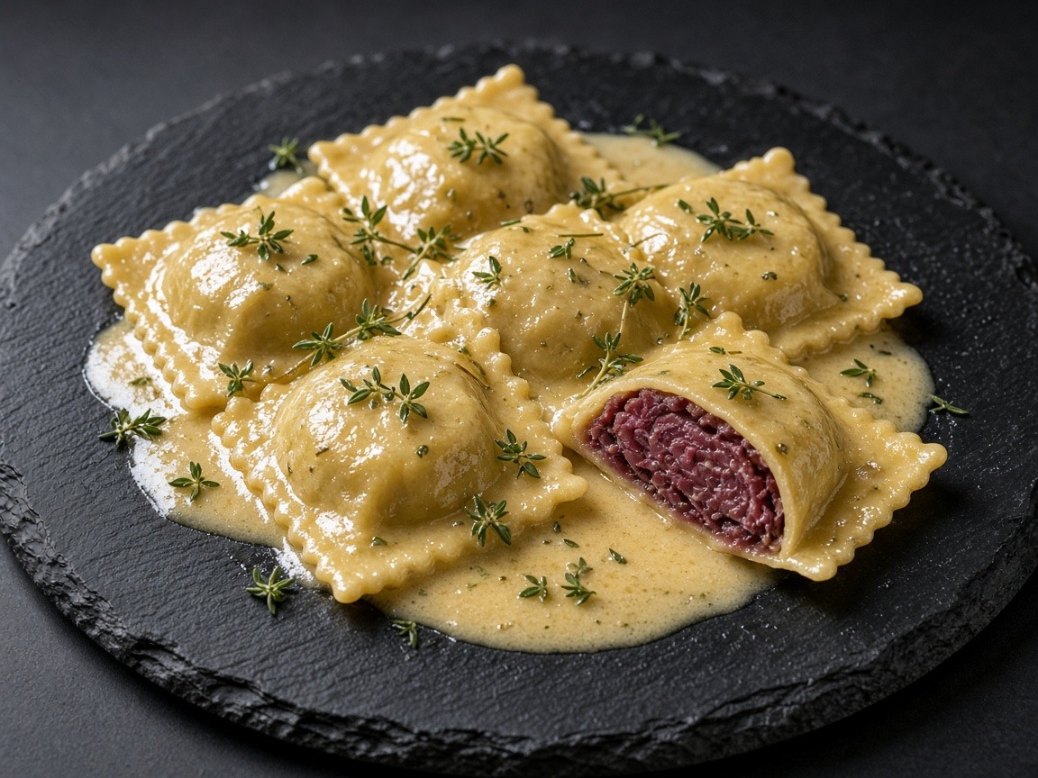 Reindeer and mushroom ravioli with white wine cream